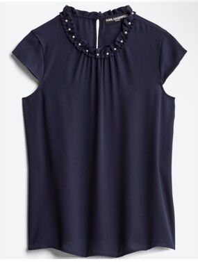 New Karl Lagerfeld Navy Pearl-Embellished Ruffle Neck Shell